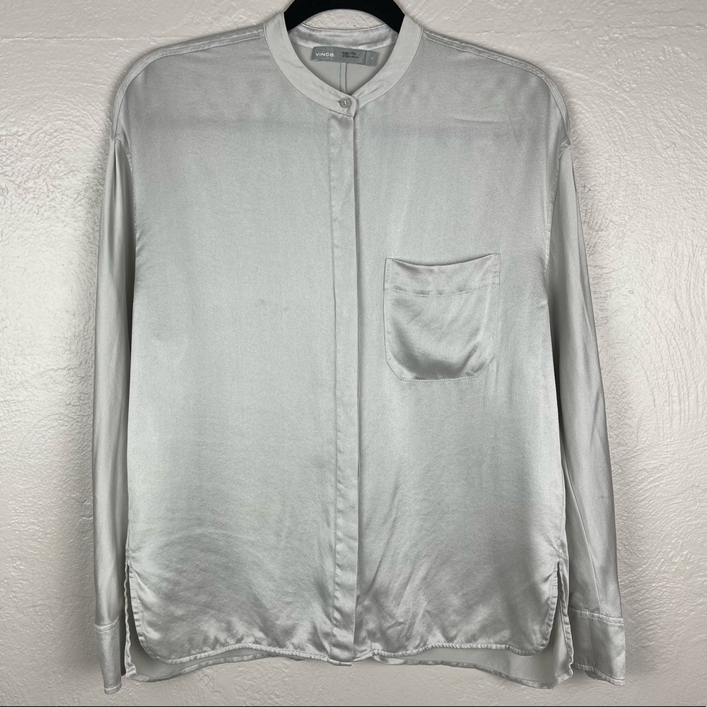 Vince 100% Silk Button Front Placket Mock Neck Silver Shiny Long Sleeve S